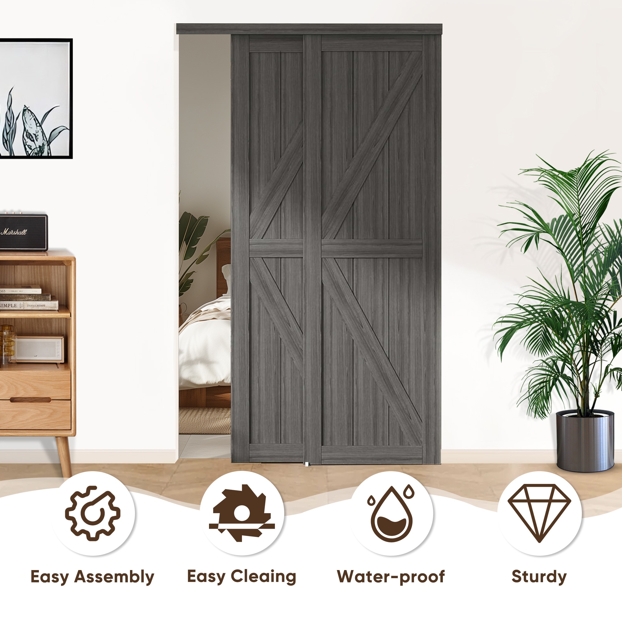 JUBEST 48"(Double 25") X80" Sliding Closet Door, K Style Bypass Closet Door With Hardware Kit & Matching Fascia, Preassembled Solid Wood Slab With Water-Proof PVC Surface, Easy To Install, White_voghion.com